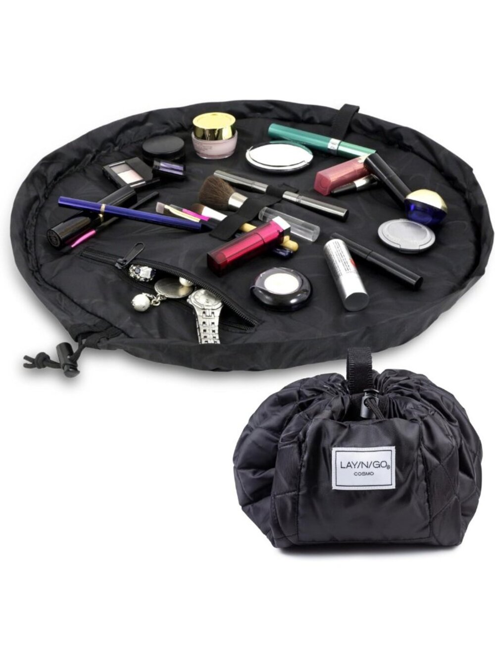 Portable Makeup Organizer Bag - Layflat Drawstring, Zipper Pocket